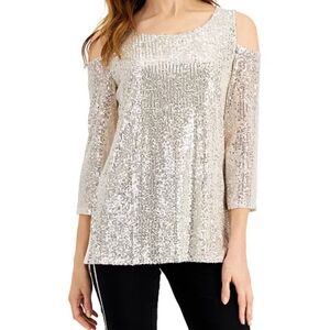 JM Collection Shimmering Silver Cold Shoulder Top
